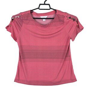 Womens Liz Claiborn Pink & Black Polka Dot Top Open Button Sleeve Polyester M